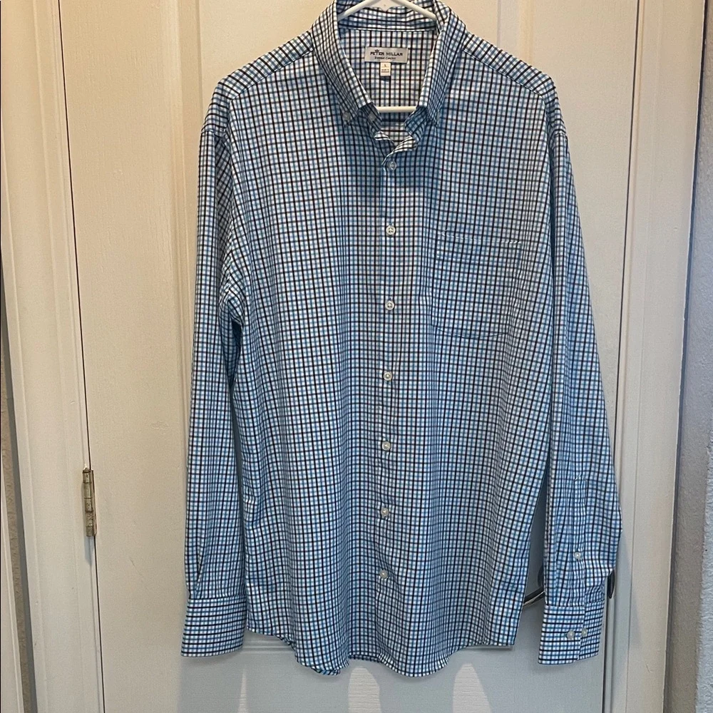 Peter Millar Men's Blue and White Checkered Shirt